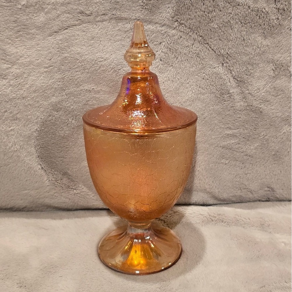 Vintage Indiana Glass Marigold Carnival Glass Crackle Candy Dish with Lid MCM